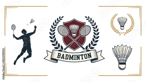 Badminton Sport Graphics Set Dynamic Player Silhouette, Vintage Emblem with Rackets and Shuttlecock, Detailed Illustrations for Athletic Branding
