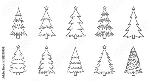 Collection of simple hand drawn christmas trees in varying styles shown