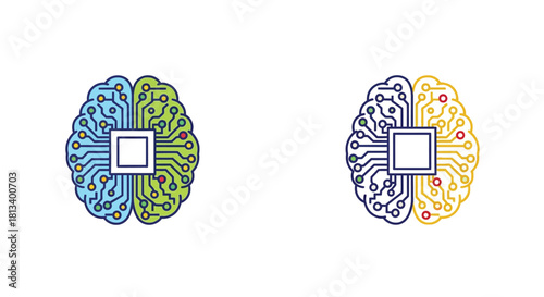 Two stylized human brains with circuit board patterns showcasing digital intelligence