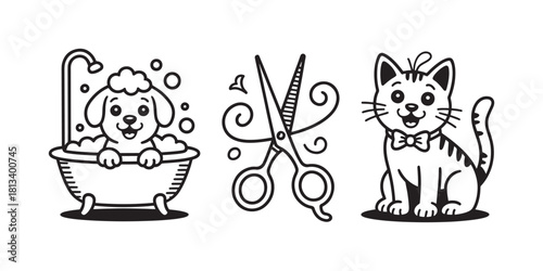 Pet grooming icons featuring a dog in a bathtub scissors and a cat simple line art for websites and pet care services isolated on white