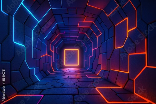 Fototapeta Naklejka Na Ścianę i Meble -  Futuristic dark tunnel with glowing geometric neon lights in blue, orange, and pink hues