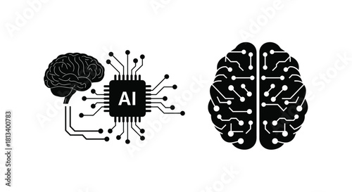 Human brain connected to artificial intelligence circuit board depicting technology