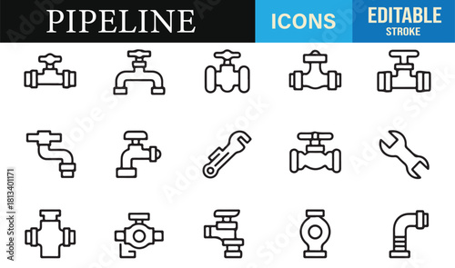 Clean line icons of plumbing tools, valve mechanisms, and connected pipe networks
