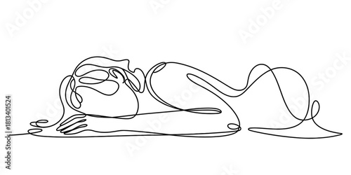 Continuous single line art drawing of a sleeping or resting female figure, portraying themes of tranquility, exhaustion, peace, and quiet