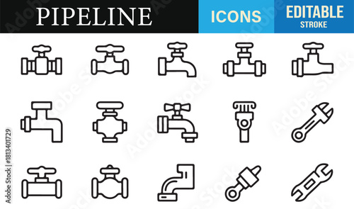 Editable stroke icons of valves, faucets, wrenches, and pipe fittings for plumbing graphics
