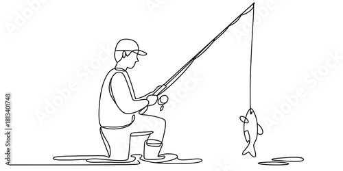 Continuous line drawing of a man fishing, holding a fishing rod with a caught fish on the line, symbolizing outdoor recreation and hobby.