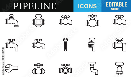 Thin-line industrial pipe illustrations for water systems, mechanical design, and utilities