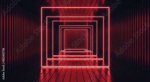 Fototapeta Naklejka Na Ścianę i Meble -  Glowing red neon squares recede through a dark, textured, futuristic geometric tunnel