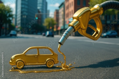 Fototapeta Naklejka Na Ścianę i Meble -  Golden fuel nozzle pouring liquid onto a golden toy car on an asphalt city street