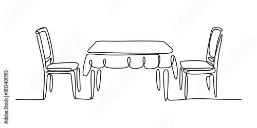 Continuous line drawing: minimalist dining table, elegant flowing tablecloth, and two chairs, modern furniture concept for stylish interior.