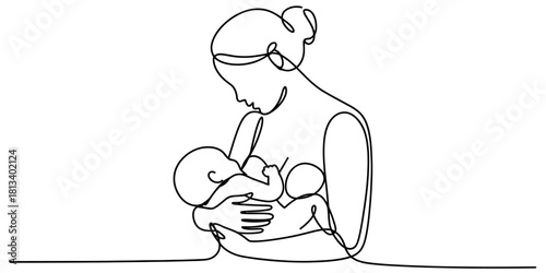 Mother breastfeeding infant in minimalist one line art drawing style, expressing maternal bond and love, health, nourishment, care.