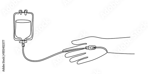 Continuous line art drawing of an iv therapy drip bag connected to a patient's hand for medical treatment, healthcare, and recovery support.