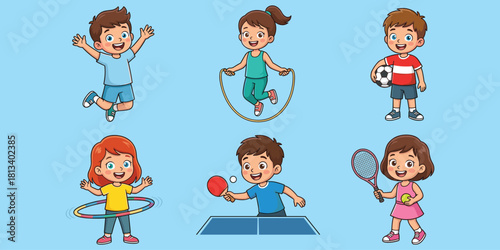 Cartoon kids doing sports activities, playful exercise, cheerful children, fitness fun, active lifestyle, colorful outfits, flat vector illustration