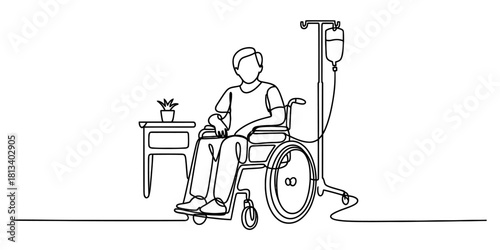 Continuous line drawing of a man in a wheelchair receiving an iv drip, symbolizing medical care, recovery, disability, and health support.