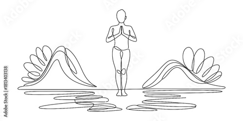 Continuous line art of a person in a meditative prayer pose, surrounded by abstract fluid shapes, embodying peace, balance, and spiritual wellness