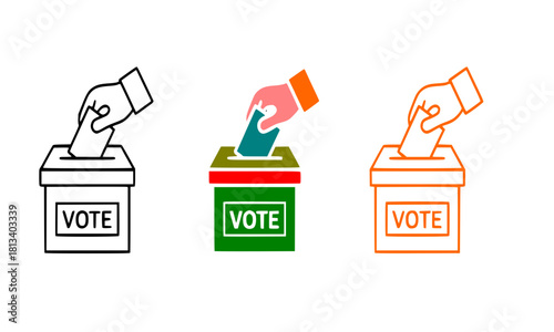 Voting Icon Set, Hand Casting Ballot into Vote Box, Election, Democracy, Political Process, Simple Vector Graphic