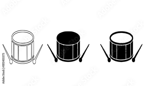 Snare Drum and Drumsticks Icon Set, Percussion Instrument, Music, Marching Band, Rhythm, Outline, Silhouette Vector