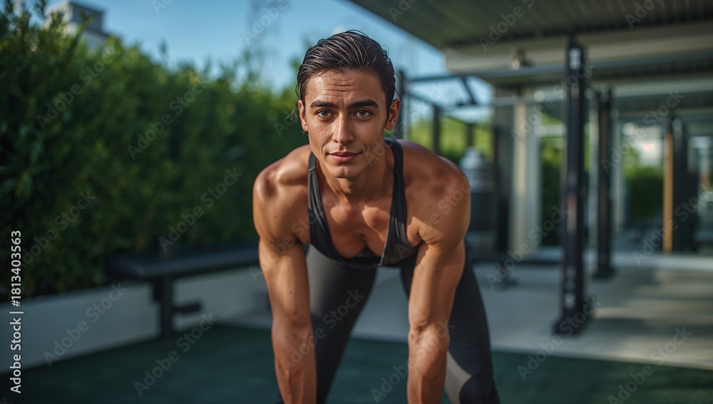 Obraz premium Determined Young Man Working Out in Modern Outdoor Gym Environment