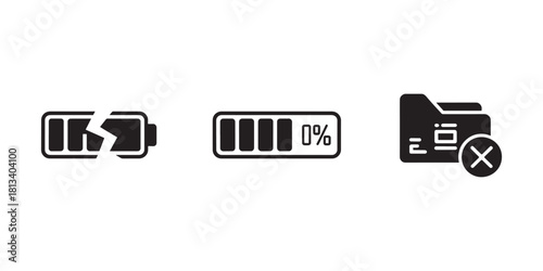 Set of black minimalist icons representing broken battery zero percent battery and file error simple flat vector design for system alerts and app development