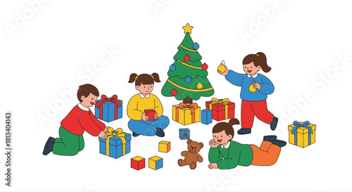 2D vector illustration on pure white children playing with new toys under a small Christmas tree. Stylized joyful poses, gift boxes scattered, simple toys (blocks, teddy bear), no facial details,  