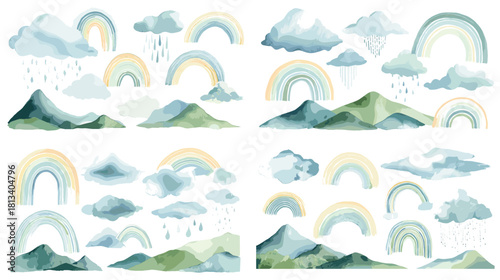 A calm watercolor set featuring rainbows, clouds and mountains in soft pastel tones. Gentle nature themed illustrations ideal for nursery decor, stationery and creative designs.