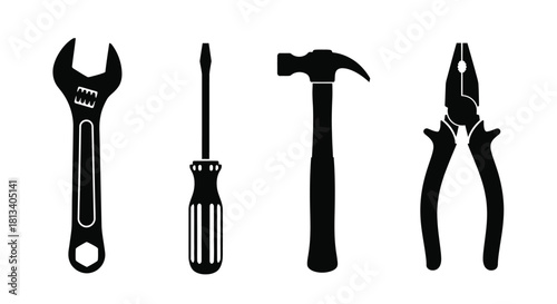 A collection of common hand tools depicted in a black and white style