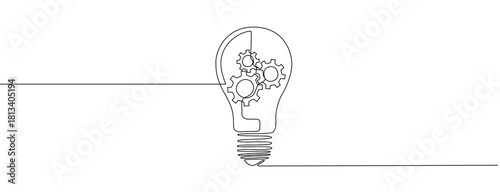 Lightbulb with gear wheels in One single Line drawing for logo, emblem, web banner, presentation.creative innovation concept. Vector illustration eps 10