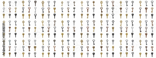 Seamless pattern of diverse vintage and modern keys in various colors, organized in a large grid, symbolizing security, access, and opportunity.