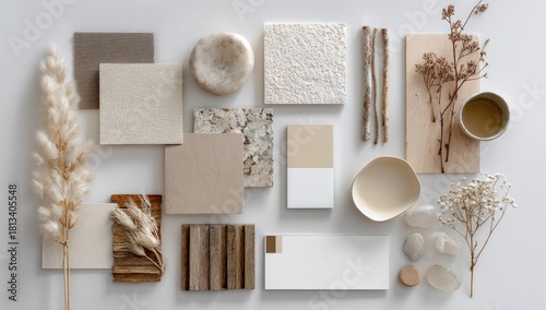 Flatlay showcasing a curated collection of neutral-toned materials and dried florals, arranged on a white background;  includes wood samples, stone textures, and small bowls