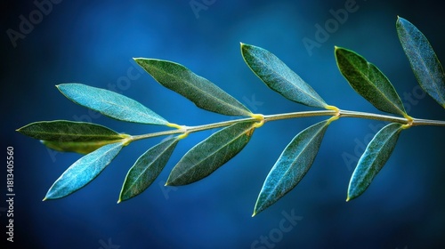 Macro shot of vibrant green leaves on a slender branch, contrasting a deep blue blur