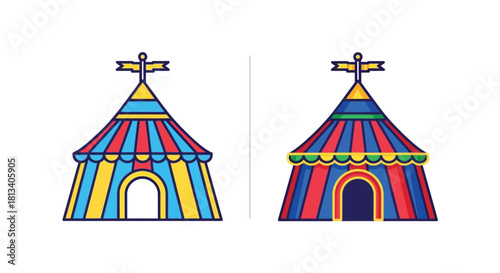 Colorful striped circus tents illustration side by side with unique designs