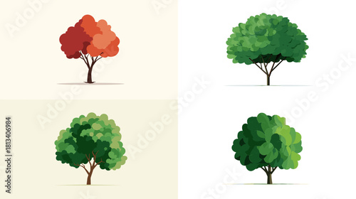 A collection of simple tree illustrations showing seasonal foliage in green and autumn colors. Clean minimal artwork ideal for nature graphics, landscape designs and educational materials.