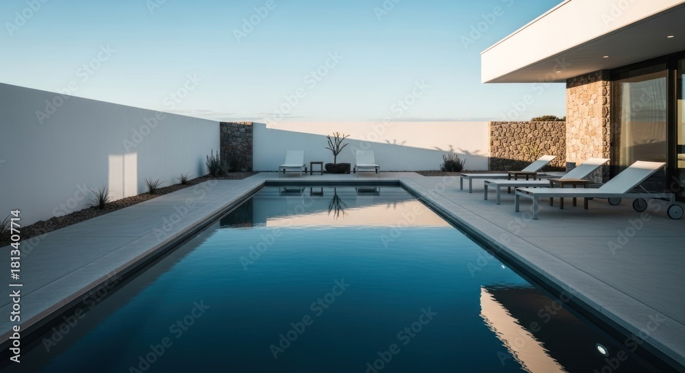 Fototapeta premium Modern backyard pool with lounge chairs, sleek white walls, contemporary house, clear sky