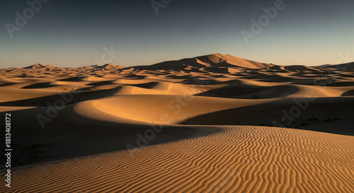 Fototapeta Naklejka Na Ścianę i Meble -  Rolling sand dunes under a clear sky at sunset, vast desert landscape with rippling sand patterns