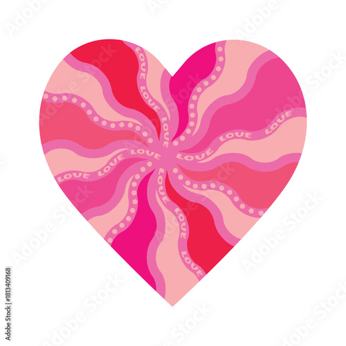 Pop art style heart isolated on white background. Pink and red colors. Object decorated with dots and hand written Love. Romantic print on fabric and paper. Vector design for Valentine's Day, wedding.