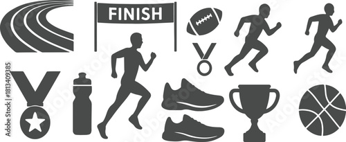 Collection of running and sports icons with finish line and trophies