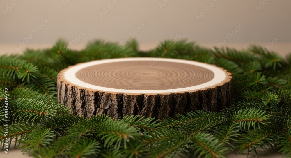 Naklejka premium Natural wood log slice display platform encircled by lush green pine branches