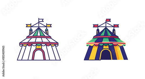 Colorful circus tents and rides illustrated in a simple flat design style
