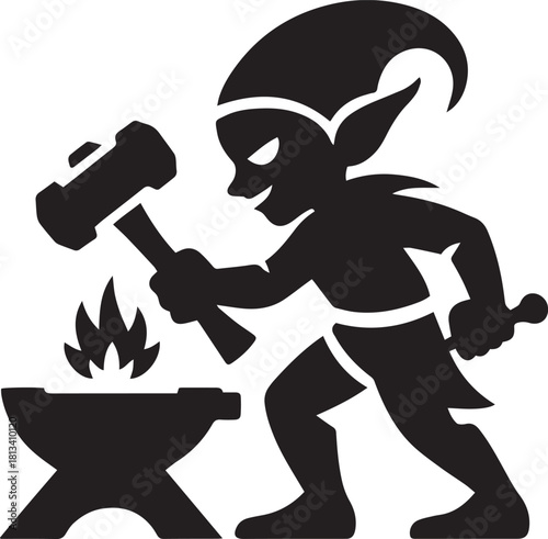 Dwarf Smith with Hammer Strikes Anvil Silhouette on Transparent Background Vector