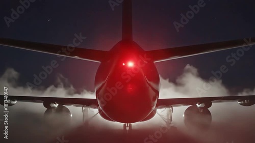 Rear View of Airplane on Tarmac at Night with Glowing Red Light.