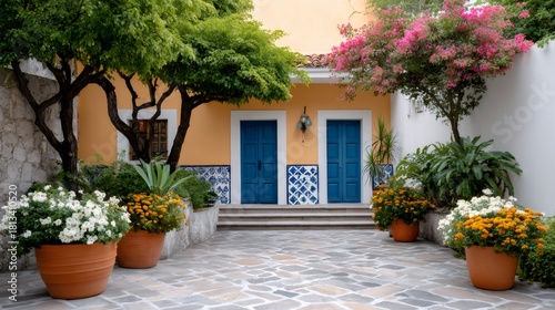 Mexican hacienda courtyard with vibrant bougainvillea and blue doors