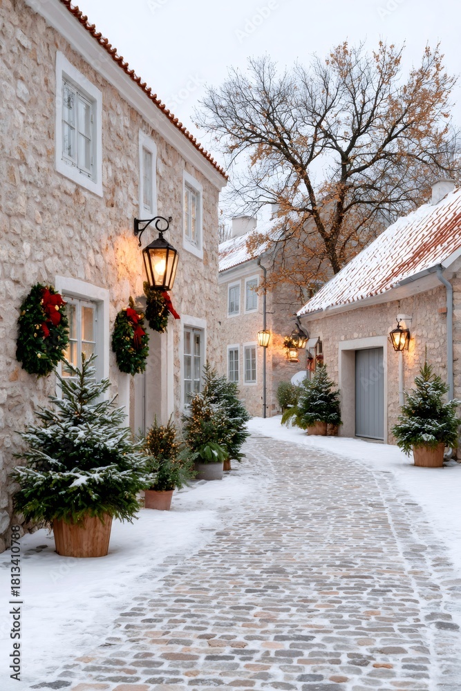 Fototapeta premium Christmas winter village street with decorated cobblestone alley