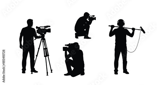 Silhouettes of film crew members operating various camera and sound equipment