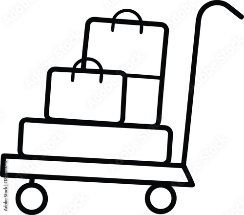 Black and white line art icon of a trolley loaded with shopping bags and boxes