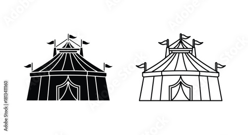 Black and white line art of a circus tent two versions shown