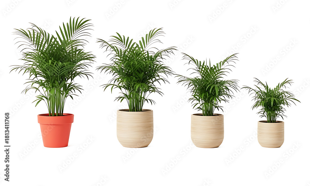 Obraz premium Growing Majesty Palm plants in pots in a row on transparent background for design projects and creative use
