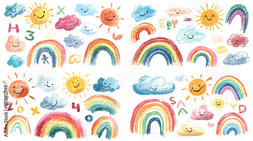 A playful collection of watercolor rainbows, suns, clouds and doodles in bright pastel colors. Charming hand painted childrens illustration set perfect for nursery designs and creative projects.
