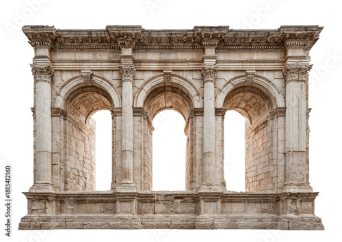 Three arched window facade with stone columns, ornately detailed