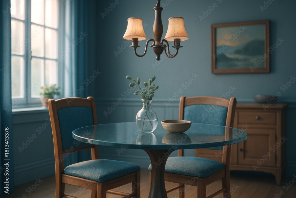 Fototapeta premium Serene dining room with round table, two blue chairs, chandelier, and soft window light
