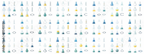Seamless repeating pattern of flat design chemistry laboratory glassware, flasks, graduated cylinders, and scientific equipment icons on a white background.